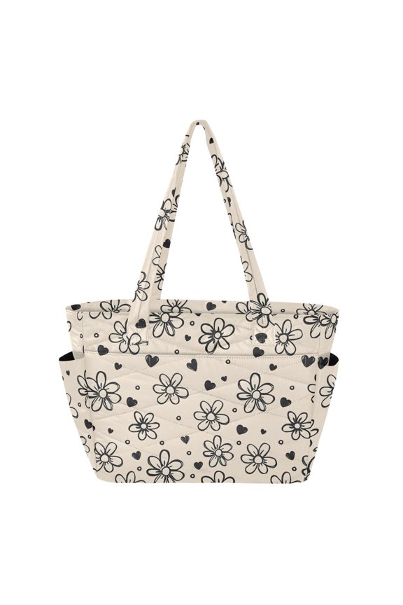 Women's Quilted Hand Drawn Floral Tote Bag with Zipper Large Polyester Shoulder Bag with Laptop & Luggage Sleeve Cute Printed for Work School Travel