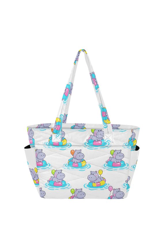 Women's Quilted Hippopotamus Balloon Tote Bag with Zipper Large Polyester Shoulder Bag with Laptop & Luggage Sleeve Cute Printed for Work School Travel