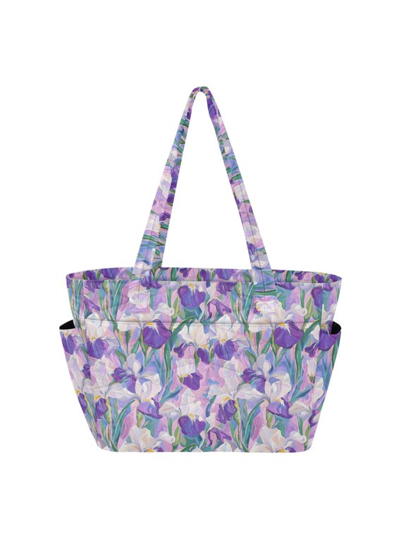 Women's Quilted Iris Flower Two Tote Bag with Zipper Large Polyester Shoulder Bag with Laptop & Luggage Sleeve Cute Printed for Work School Travel