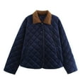 thumbnail image 1 of Women's Quilted Jacket Button Down Long Sleeve Tops Lightweigh Open Front LapelShirt with Pockets Blue M, 1 of 3