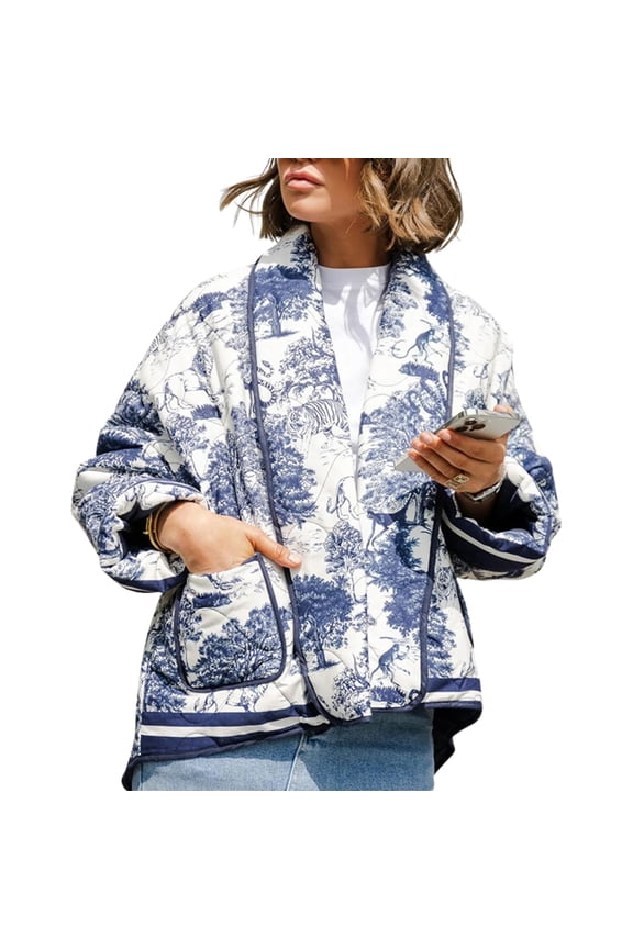 Women's Quilted Jacket Cardigan Lightweight Floral Print Open Front Padded Puffer Jackets