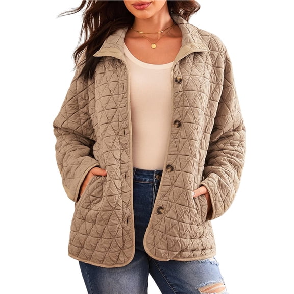 Women's Quilted Jacket Casual Winter Open Front Button Down Puffer Coat Outwear Cardigan Khaki XXL