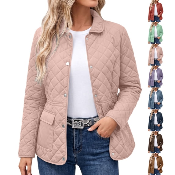 Women's Quilted Jacket Lightweight Diamond Padded Coat,Snap Button Collar Casual Fall Winter Warm Outerwear with Flap Pockets