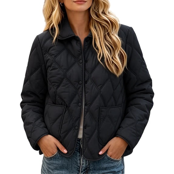 Women's Quilted Jacket Lightweight Padded Coat Collared Button Down Long Sleeve Casual Outerwear for Fall Winter Work Daily Wear