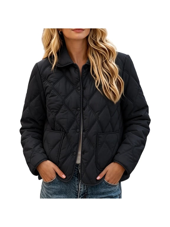 Women's Quilted Jacket Lightweight Padded Coat Collared Button Down Long Sleeve Casual Outerwear for Fall Winter Work Daily Wear