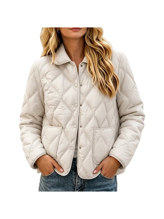 Women's Quilted Jacket Lightweight Padded Coat Collared Button Down Long Sleeve Casual Outerwear for Fall Winter Work Daily Wear