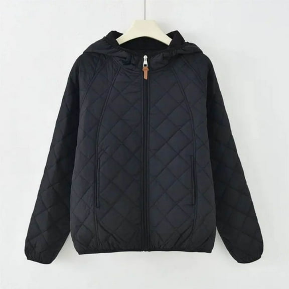 Women's Quilted Jacket Lightweight Zip Up Outwear Coat Casual Solide Color Hood Jackets Black 5XL