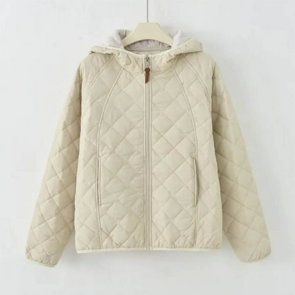 Women's Quilted Jacket Lightweight Zip Up Outwear Coat Casual Solide Color Hood Jackets White 2XL