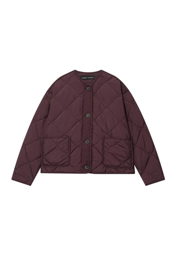 Women's Quilted Jacket Trendy Button Down Crewneck Padded Coat Lightweight Jacket with Pockets Wine XS