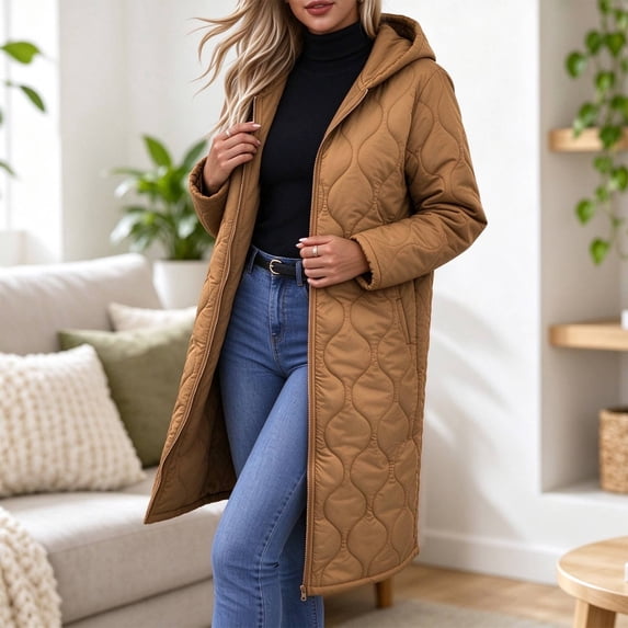 Women's Quilted Jacket Zipper Up Hooded Long Lightweight Padding Down Coat (Khaki S)