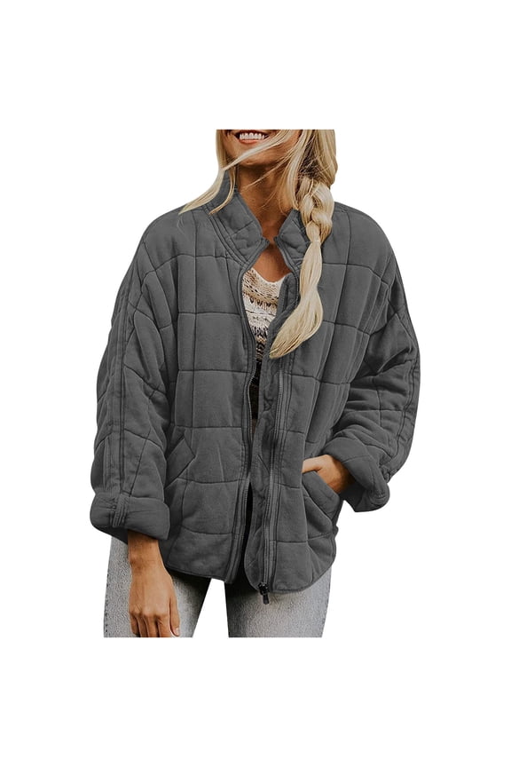 Women's Quilted Jackets Causal Long Sleeve Lightweight Puffer Jacket Oversized Zip Up Padded Coat Warm Winter Outerwear with Pockets