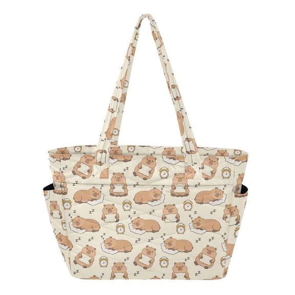 Women's Quilted Kapibala Alarm Clock Tote Bag with Zipper Large Polyester Shoulder Bag with Laptop & Luggage Sleeve Cute Printed for Work School Travel