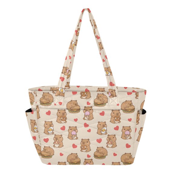 Women's Quilted Kapibala Heart Pattern Tote Bag with Zipper Large Polyester Shoulder Bag with Laptop & Luggage Sleeve Cute Printed for Work School Travel