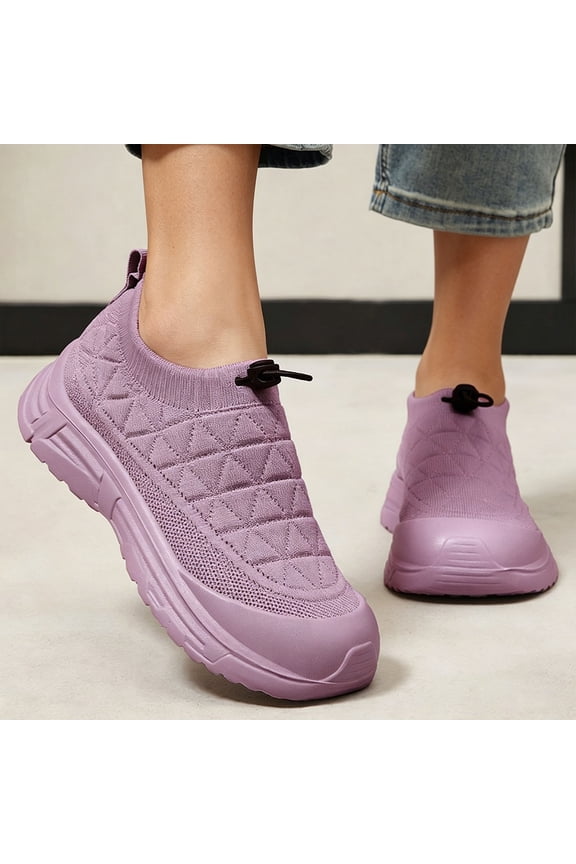 Women Quilted Knit Walking Shoes, Toggle Closure Rear Pull Tab Lightweight Elevated Midsole Non Slip Outdoor Casual Footwear Purple 6.5