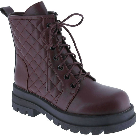 Women's Quilted Lace Up Combat Boots Side Zipper Chunky Platform Heel Mid Calf Military Fall Winter Riding Ankle Booties