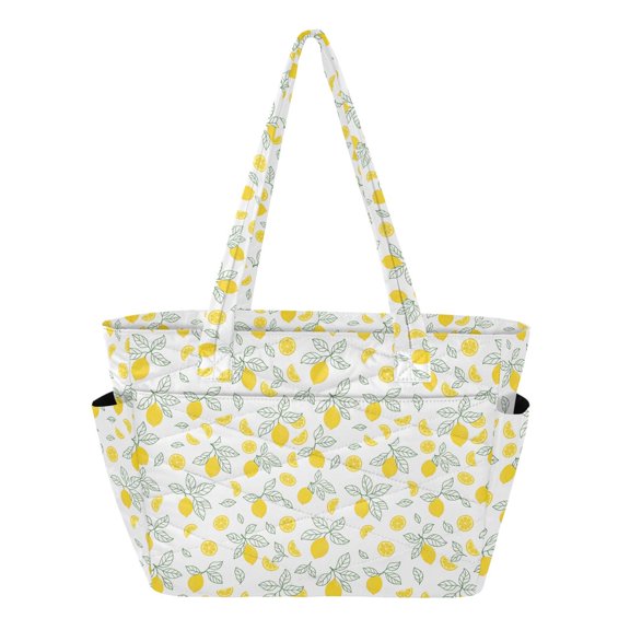 Women's Quilted Lemon Tote Bag with Zipper Large Polyester Shoulder Bag with Laptop & Luggage Sleeve Cute Printed for Work School Travel
