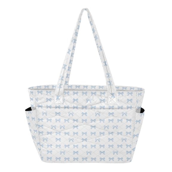 Women's Quilted Light Blue Bow Tote Bag with Zipper Large Polyester Shoulder Bag with Laptop & Luggage Sleeve Cute Printed for Work School Travel