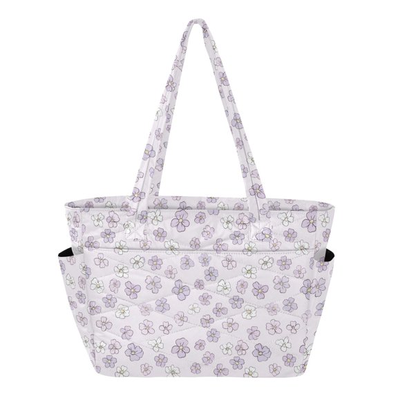 Women's Quilted Light Purple Floral Pattern Tote Bag with Zipper Large Polyester Shoulder Bag with Laptop & Luggage Sleeve Cute Printed for Work School Travel