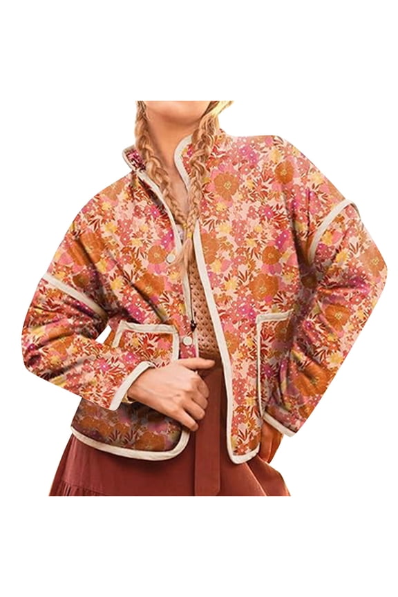 Women's Quilted Lightweight Cropped Jacket Vintage Floral Print Padded Puffer Coat Button Down Puffy Cardigan Outwear