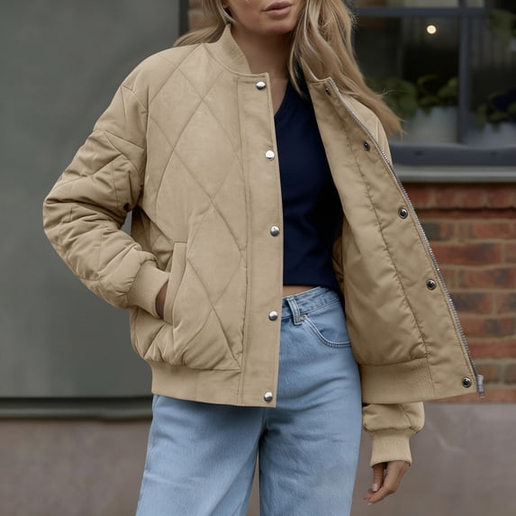 Women's Quilted Lightweight Jacket, Snap Button Cropped Padded Coat Windproof Casual Outerwear Jackets with Pockets Beige M