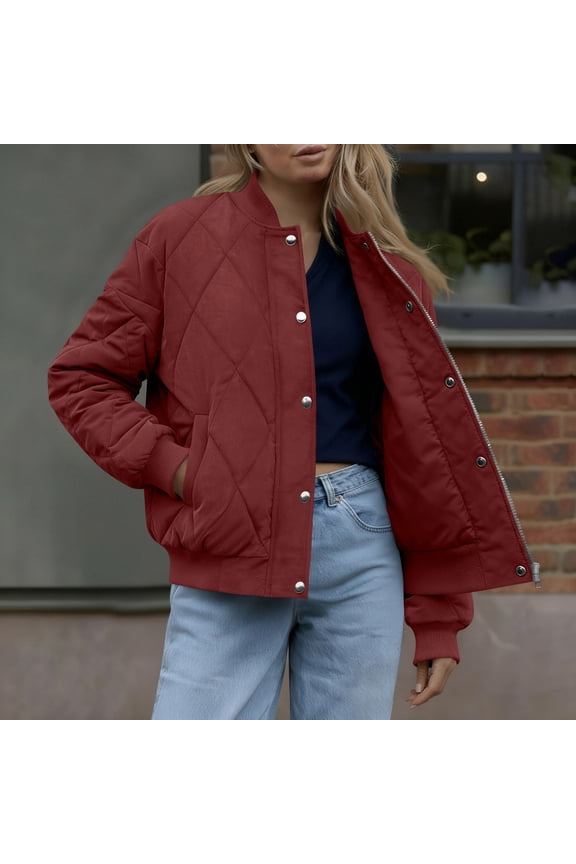 Women's Quilted Lightweight Jacket, Snap Button Cropped Padded Coat Windproof Casual Outerwear Jackets with Pockets S