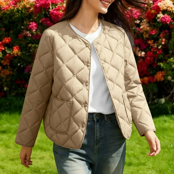 Women's Quilted Lightweight Jackets, Long Sleeve Winter Cropped Cotton Padded Coat Warm Jacket Outwear Khaki 5XL