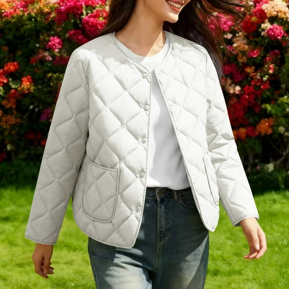Women's Quilted Lightweight Jackets, Long Sleeve Winter Cropped Cotton Padded Coat Warm Jacket Outwear White XXL