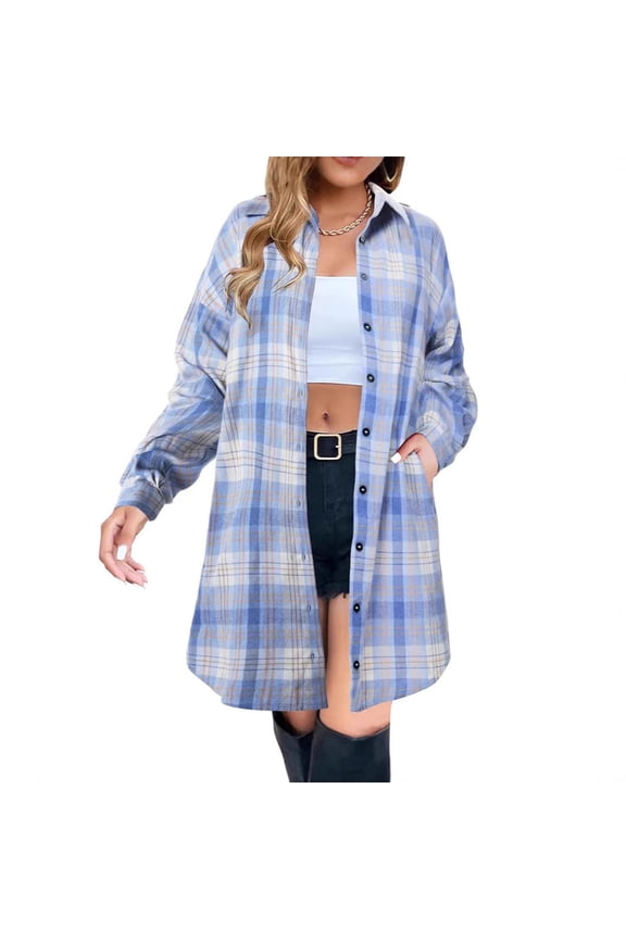 Women's Quilted Lightweight Jackets Women's Casual Button Plaid Shirts Long Flannel Shacket Jacket, Long Sleeve Loose Fitting Cardigan Blouses with Pockets Light Blue 3XL