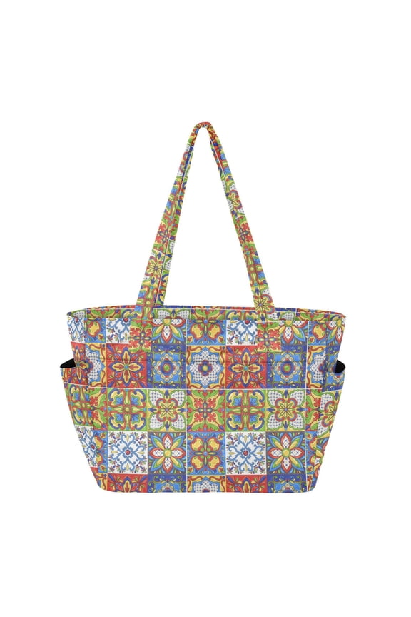 Women's Quilted Mexican Talavera Tile Tote Bag with Zipper Large Polyester Shoulder Bag with Laptop & Luggage Sleeve Cute Printed for Work School Travel