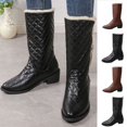 thumbnail image 1 of Women's Quilted Mid Calf Winter Boots, Faux Leather Fleece Lined Warm Pull On Snow Boots, Block Heel Cold Weather Boots, 1 of 6