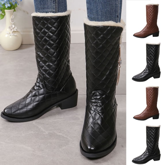 Women's Quilted Mid Calf Winter Boots, Faux Leather Fleece Lined Warm Pull On Snow Boots, Block Heel Cold Weather Boots