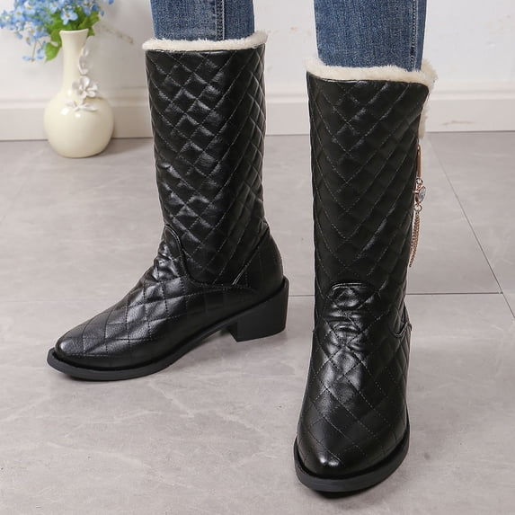 Women's Quilted Mid Calf Winter Boots, Faux Leather Fleece Lined Warm Pull On Snow Boots, Block Heel Cold Weather Boots