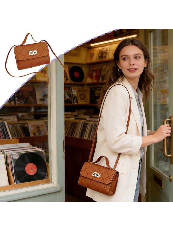 Women’s Quilted Mini Crossbody Bag Small Square PU Leather Shoulder Purse with Top Handle and Metal Lock for Casual Everyday Use