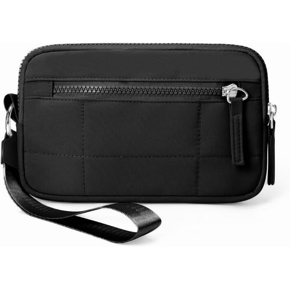 Women's Quilted Nylon Wristlet Wallet, Travel Card Organizer w/ ID Window, 3 Zip Pockets, 3 Card Slots & Detachable Strap (Black)