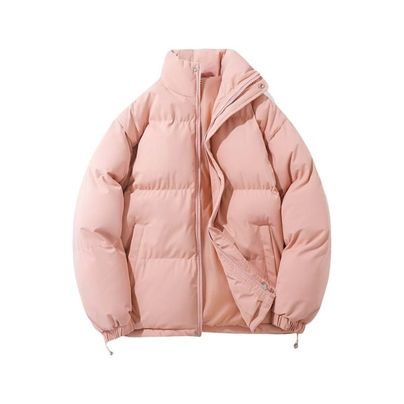 Women's Quilted Padded Jacket with Stand Up Collar, Winter Warm Lined Thickened Coat with Zip Closure, Unisex Thermal Insulated Long Sleeve Outdoor Casual Down Coat for Cold Weather Protection Pink
