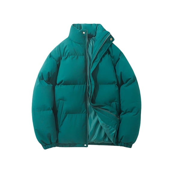 Women's Quilted Padded Jacket with Stand Up Collar, Winter Warm Lined Thickened Coat with Zip Closure, Unisex Thermal Insulated Long Sleeve Outdoor Casual Down Coat for Cold Weather Protection Green