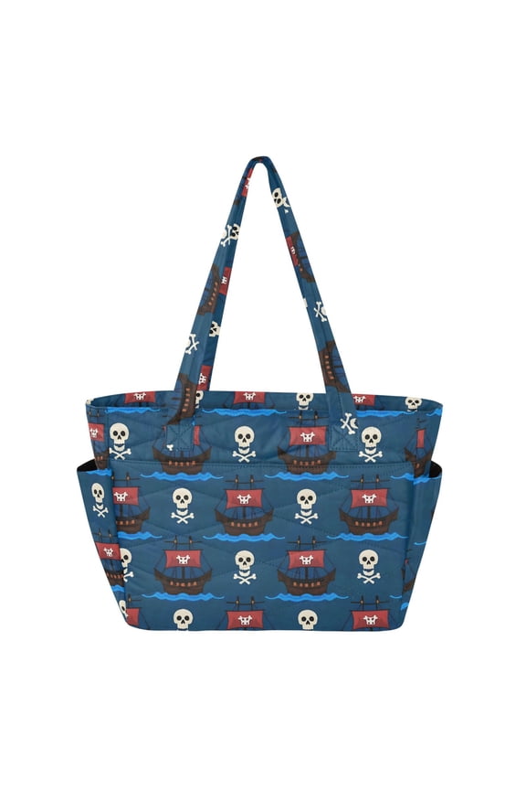 Women's Quilted Pirate Ship Skull Tote Bag with Zipper Large Polyester Shoulder Bag with Laptop & Luggage Sleeve Cute Printed for Work School Travel