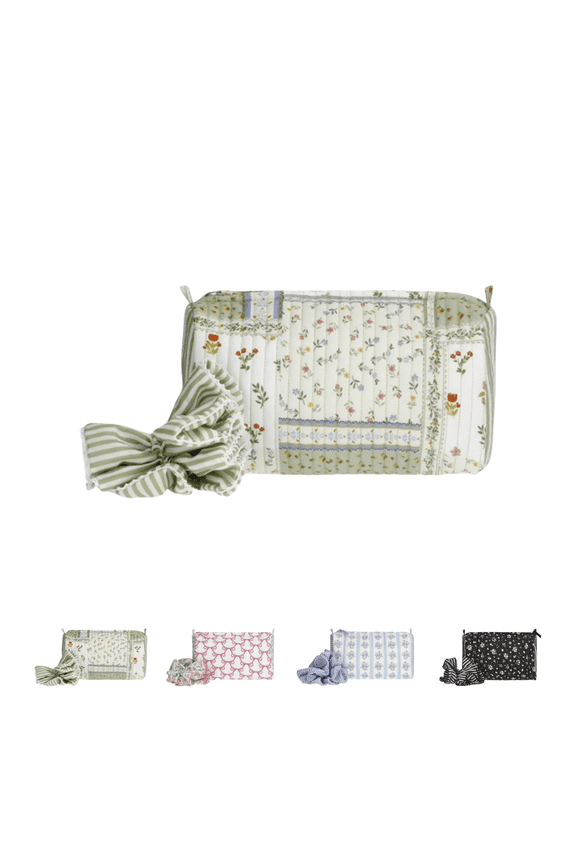 Women's Quilted Pouch and Hair Scrunchie Set, 2-Piece, Cute Bow Quilted Tote Bag with Floral Gingham/Checked Pattern, Zippered Makeup Bag for Travel & Work Green#059