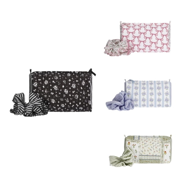 Women's Quilted Pouch and Hair Scrunchie Set, Mini Coquette Makeup Bags, Cute Travel Toiletry Bag, Aesthetic Gift Set Women Teen Girls Beautiful Combo,Black Ditsy/Stripe