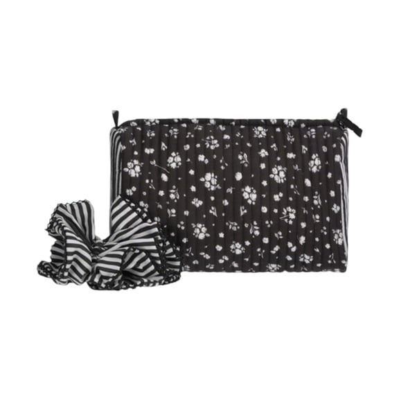 Women's Quilted Pouch and Hair Scrunchie Set, Mini Coquette Makeup Bags, Cute Travel Toiletry Bag, Aesthetic Gift Set Women Teen Girls Daily Essentials,Black Ditsy/Stripe