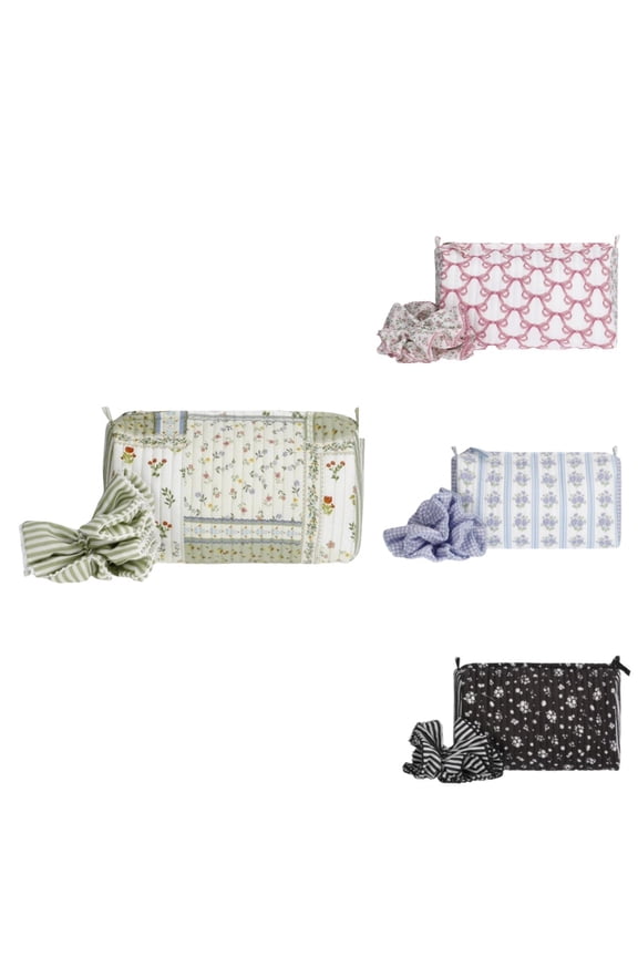 Women's Quilted Pouch and Hair Scrunchie Set, Mini Coquette Makeup Bags, Cute Travel Toiletry Bag, Aesthetic Gift Set Women Teen Girls Lovely Gift,Green Patchwork Floral/Stripe