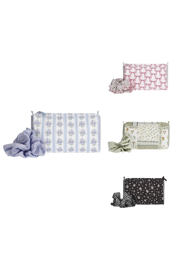 Women's Quilted Pouch and Hair Scrunchie Set, Mini Coquette Makeup Bags, Cute Travel Toiletry Bag, Aesthetic Gift Set Women Teen Girls Sweet Style,Sky & Lilac Sea Floral/Gingham