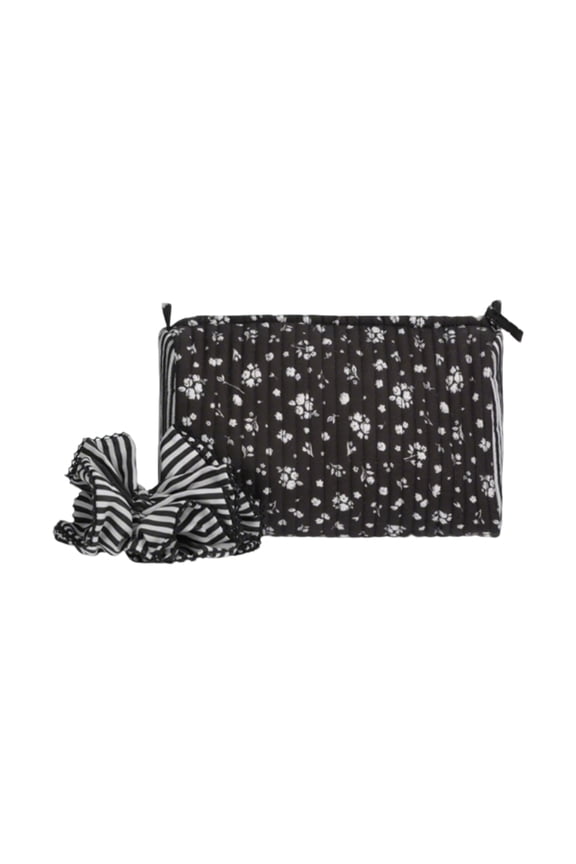 Women's Quilted Pouch and Hair Scrunchie Set, Mini Coquette Makeup Bags, Cute Travel Toiletry Bag, Aesthetic Gift Set Women Teen Girls Travel Essential On-the-Go Kit,Black Ditsy/Stripe