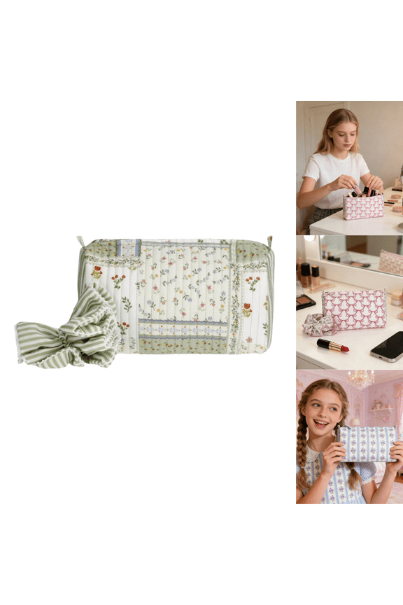 Women's Quilted Pouch and Hair Scrunchie Set, 2-Piece, Green Patchwork Floral/Stripe,Cute Bow quilted makeup bag for Work, Travel Green#052