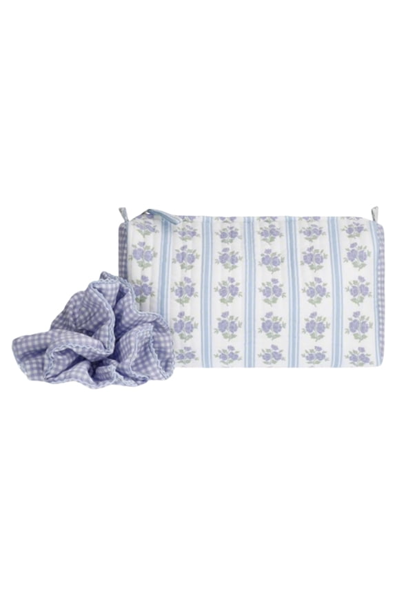 Women's Quilted Pouch and Hair Scrunchie Set, Sky and Lilac Sea Floral/Gingham