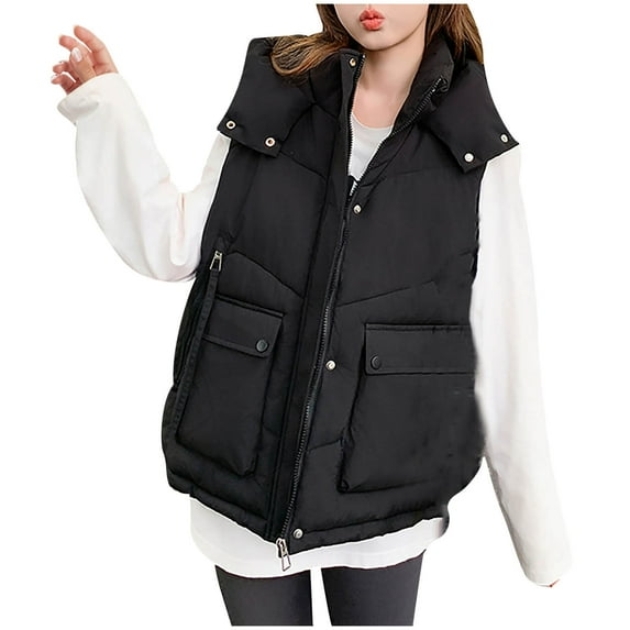 Women's Quilted Puffer Hooded Vest Sleeveless Stand Collar Zip Up Outwear with Pockets Black L