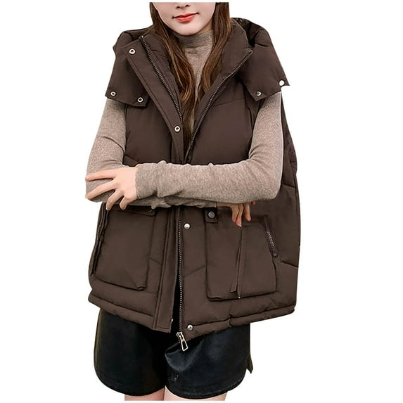 Women's Quilted Puffer Hooded Vest Sleeveless Stand Collar Zip Up Outwear with Pockets Coffee 2XL