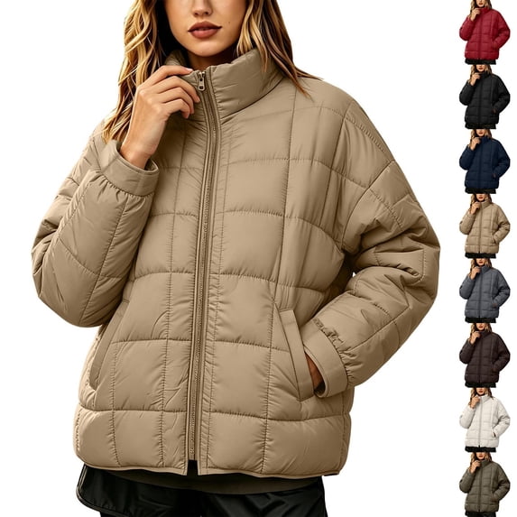 Women's Quilted Puffer Jacket Lightweight Zip Up Stand Collar Loose Fit Coat with Pockets for Fall Winter Daily Wear Casual