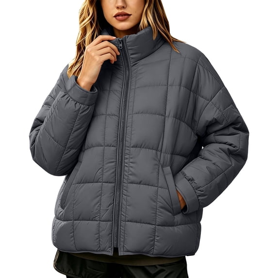 Women's Quilted Puffer Jacket Lightweight Zip Up Stand Collar Loose Fit Coat with Pockets for Fall Winter Daily Wear Casual