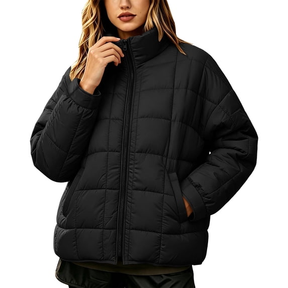 Women's Quilted Puffer Jacket Lightweight Zip Up Stand Collar Loose Fit Coat with Pockets for Fall Winter Daily Wear Casual